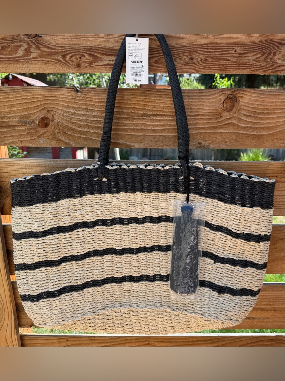 A New Day Black & Natural Striped Beach Pool Travel XL Tote Bag Straw Boho
